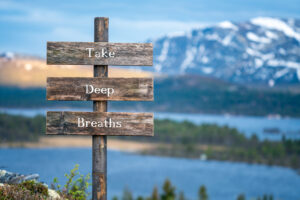 take deep breaths text quote on wooden signpost outdoors in nature during blue hour.