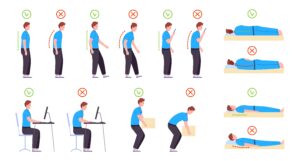 Ergonomic spine postures. Proper and wrong body positions infographic, good or bad stand sit poses back neck on office computer work, healthy posture vector illustration of body position proper